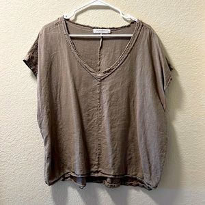 modoc Olive/Tan Blouse, Boxy, Relaxed Fit, Linen/Rayon